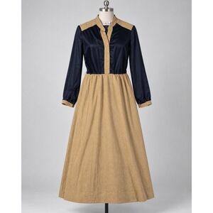 Vintage 70s Kay Windsor Maxi Dress Navy Tan Faux Suede ILGWU Union Made USA
